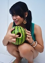 Petite Asian shemale with Big Tits fucking a watermelon